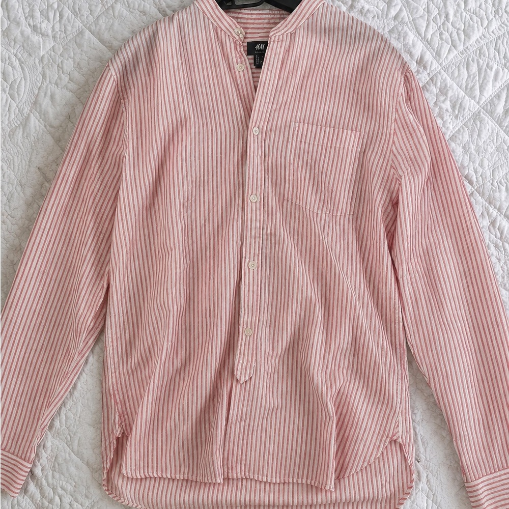 H&M Pink and White Striped Grandad Collar Shirt Jacket